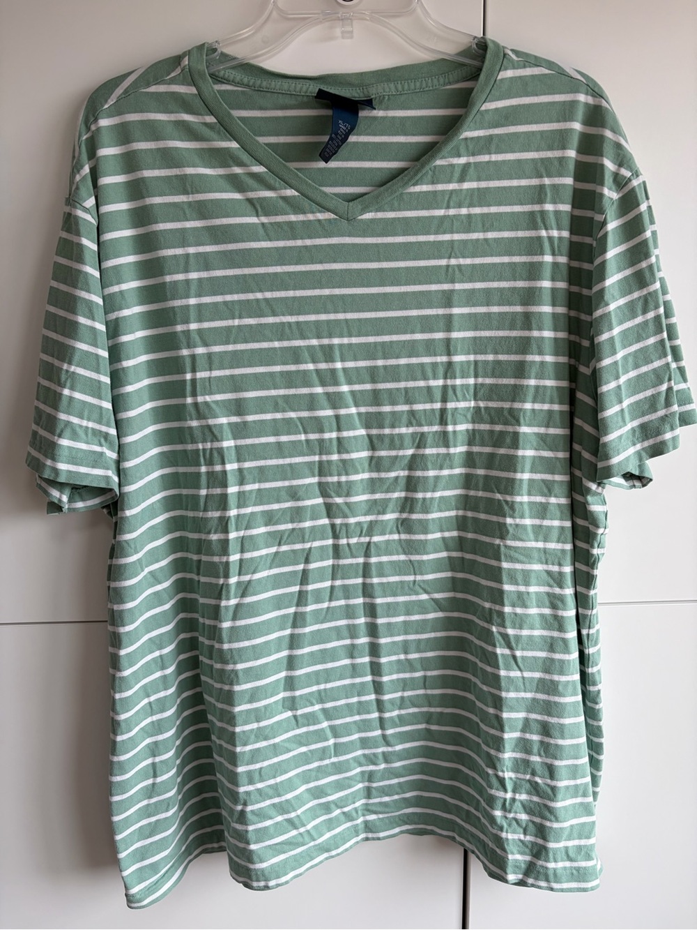 Polo by Ralph Lauren Men's Sage Green and White Striped V-Neck T-Shirt Size XL